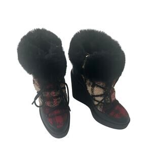 Jessica Simpson women's Wedge Red Plaid with Black Fur Boots